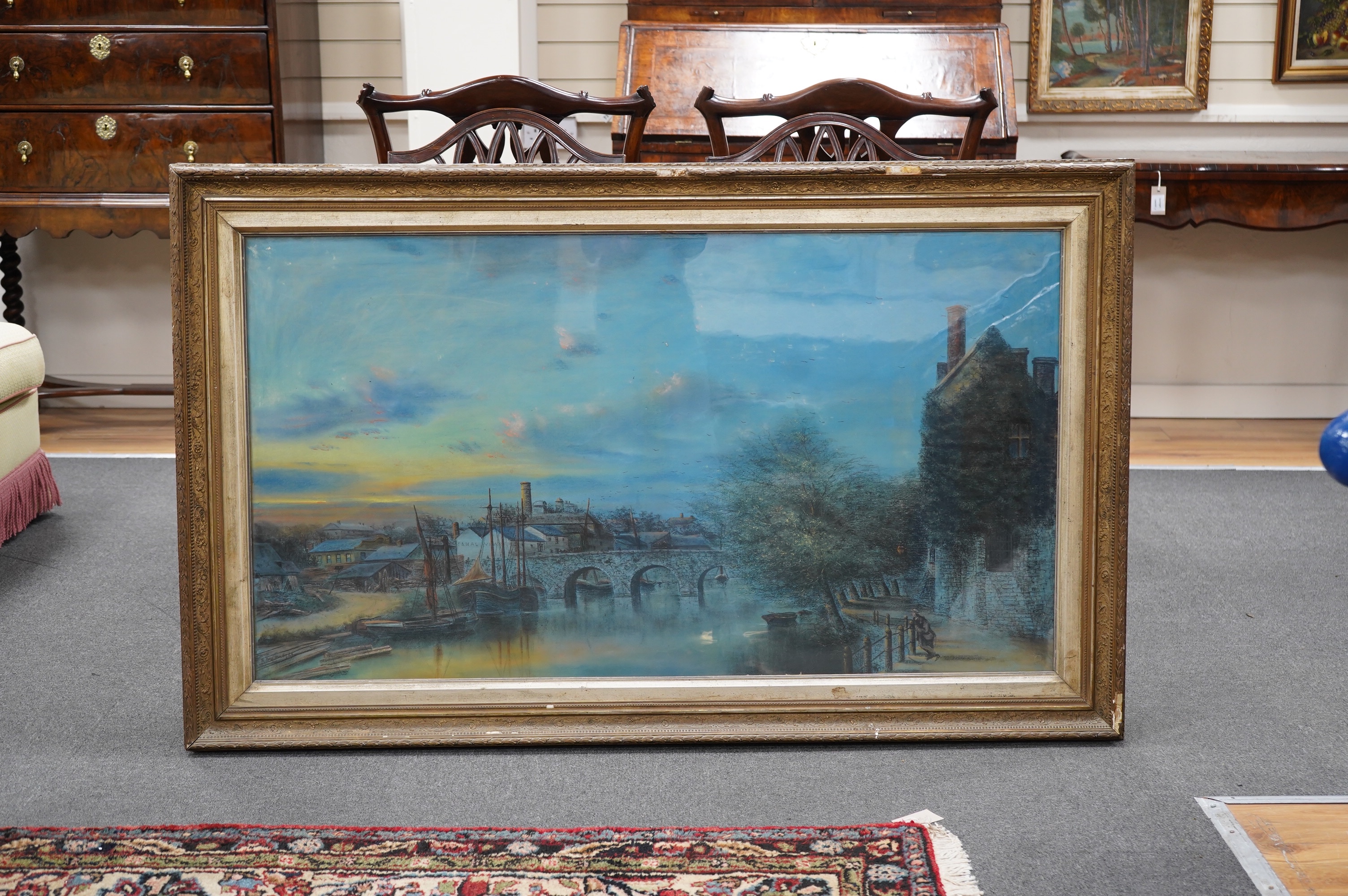 19th century, English school, pastel, extensive Maidstone riverscape, indistinctly signed, Thos Col..? and dated ‘49, ornate gilt framed, 69 x 124cm. Condition- fair to good